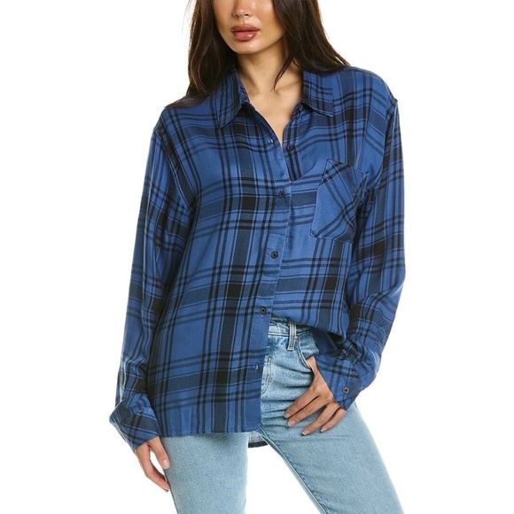 NWT!! WEWOREWHAT Boyfriend Shirt Plaid Navy Blue Collared Oversized Small Medium - Picture 1 of 15